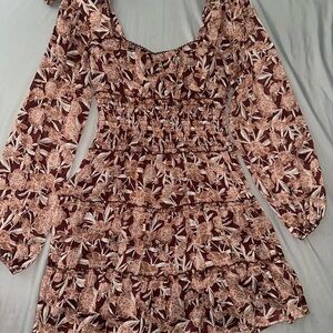 Trixxi Long Sleeve Dress with Floral Pattern in Brown and Cream